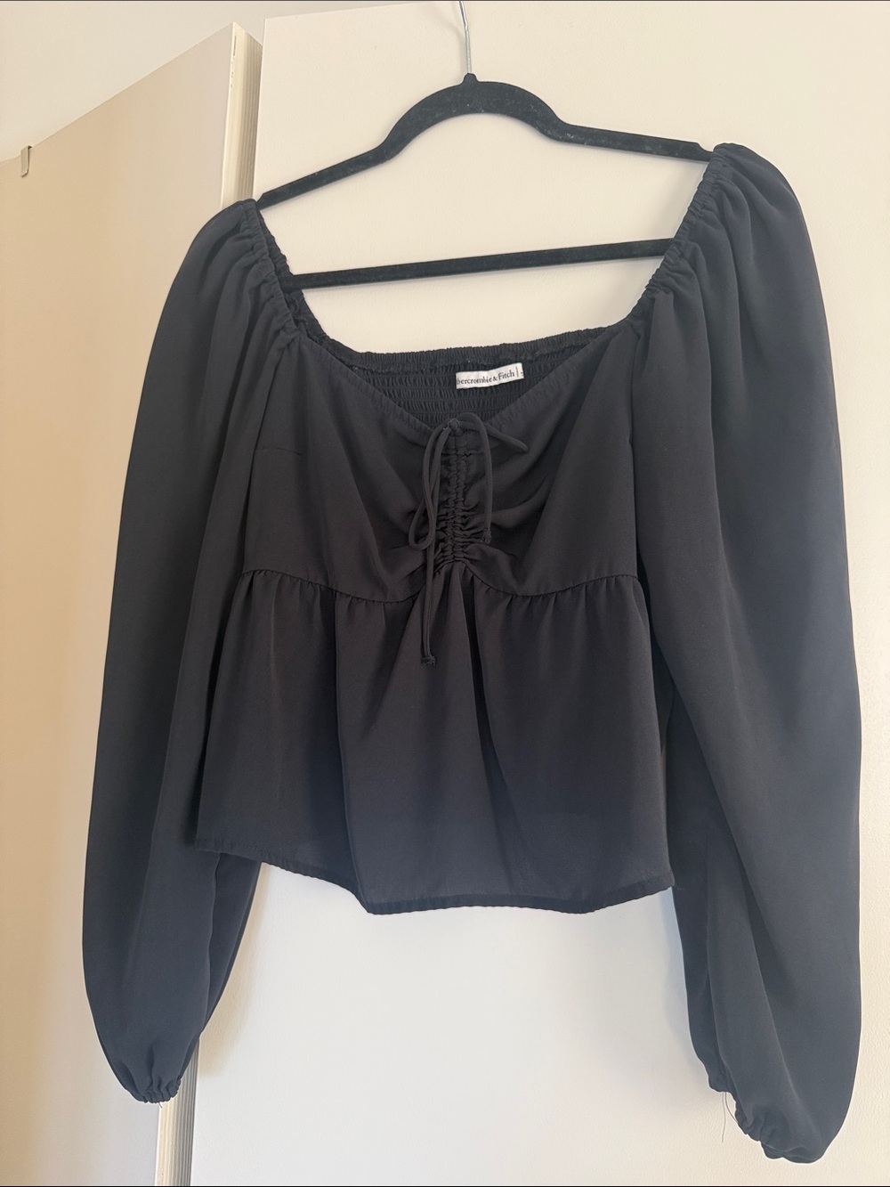 Abercrombie & Fitch Black Peasant Blouse with Front Tie